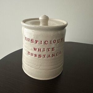 Cream Ceramic Jar with Red Text